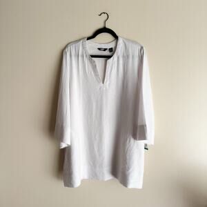 Lands' End White Linen Split Neck 3/4 Sleeve Tunic Blouse XL NWT Beach Resort